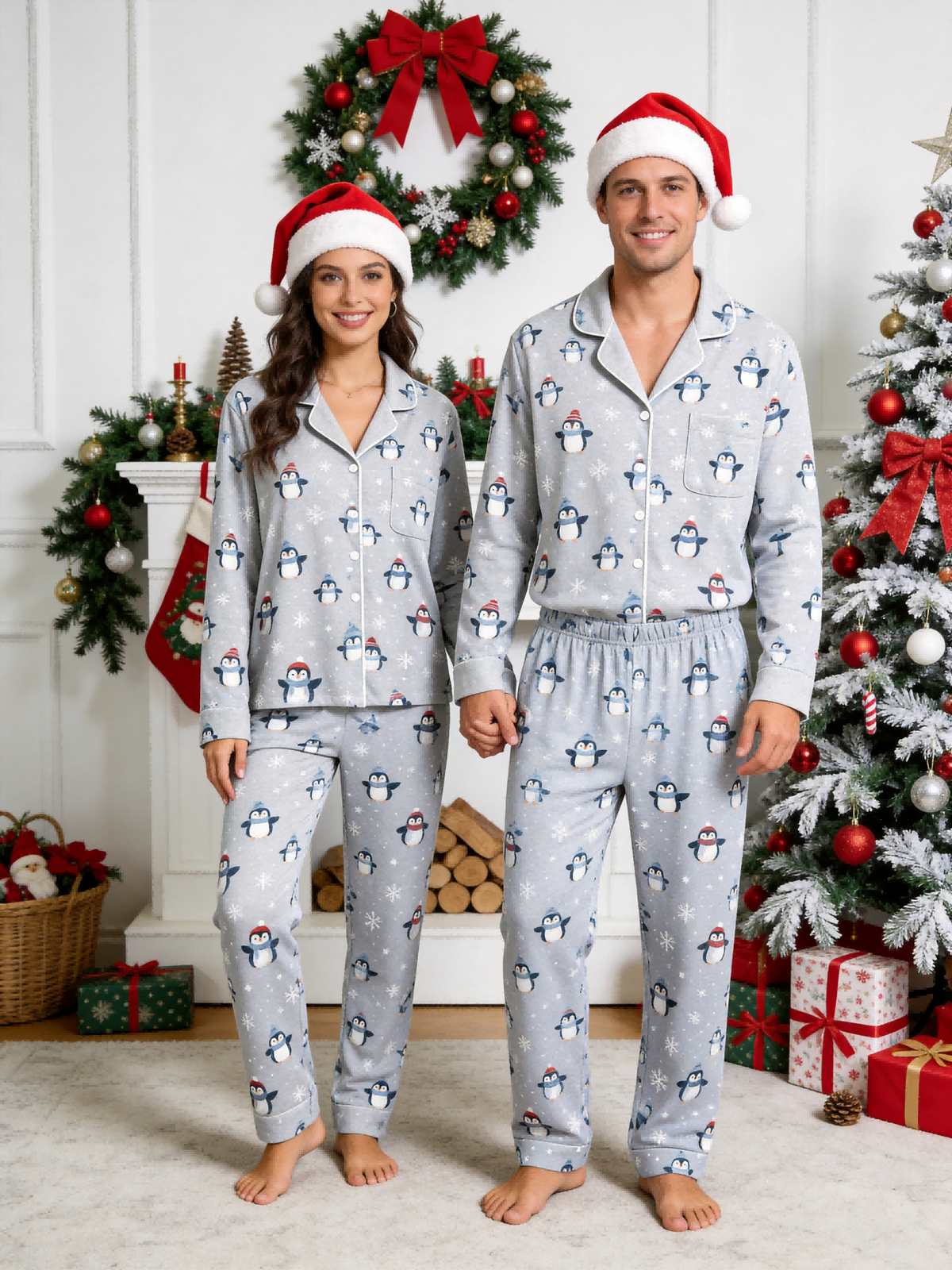 Women Christmas Pajamas - Light Grey Winter Penguin & Snowflake Print Button up Pajamas