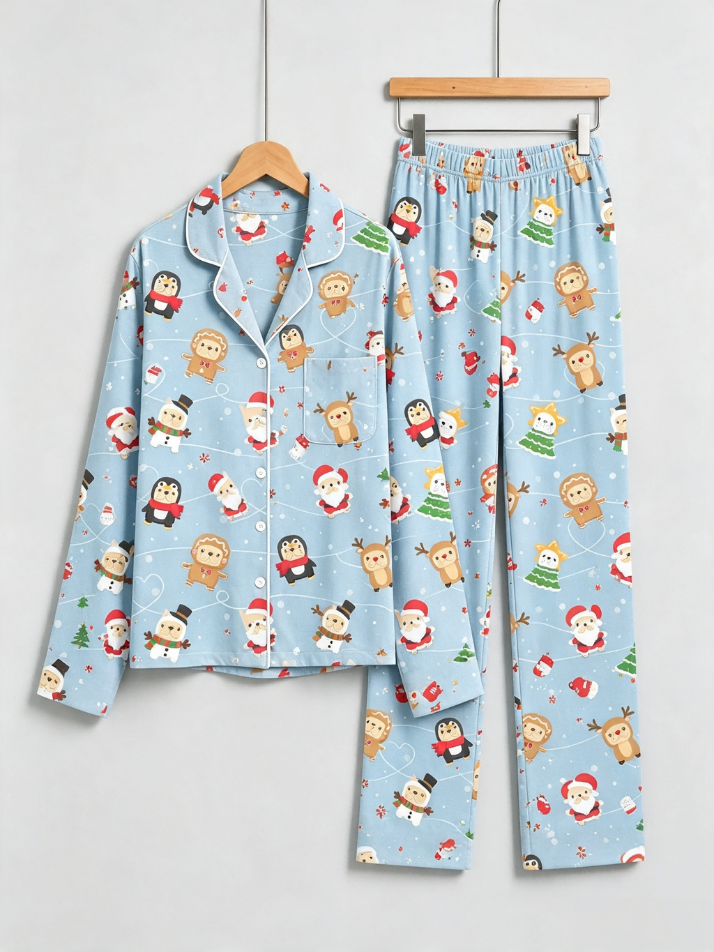 Women Christmas Pajamas - Light Blue Christmas Santa & Reindeer Cartoon Print Button up Pajamas