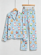 Women Christmas Pajamas - Light Blue Christmas Santa & Reindeer Cartoon Print Button up Pajamas