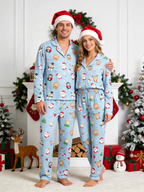 Women Christmas Pajamas - Light Blue Christmas Santa & Reindeer Cartoon Print Button up Pajamas