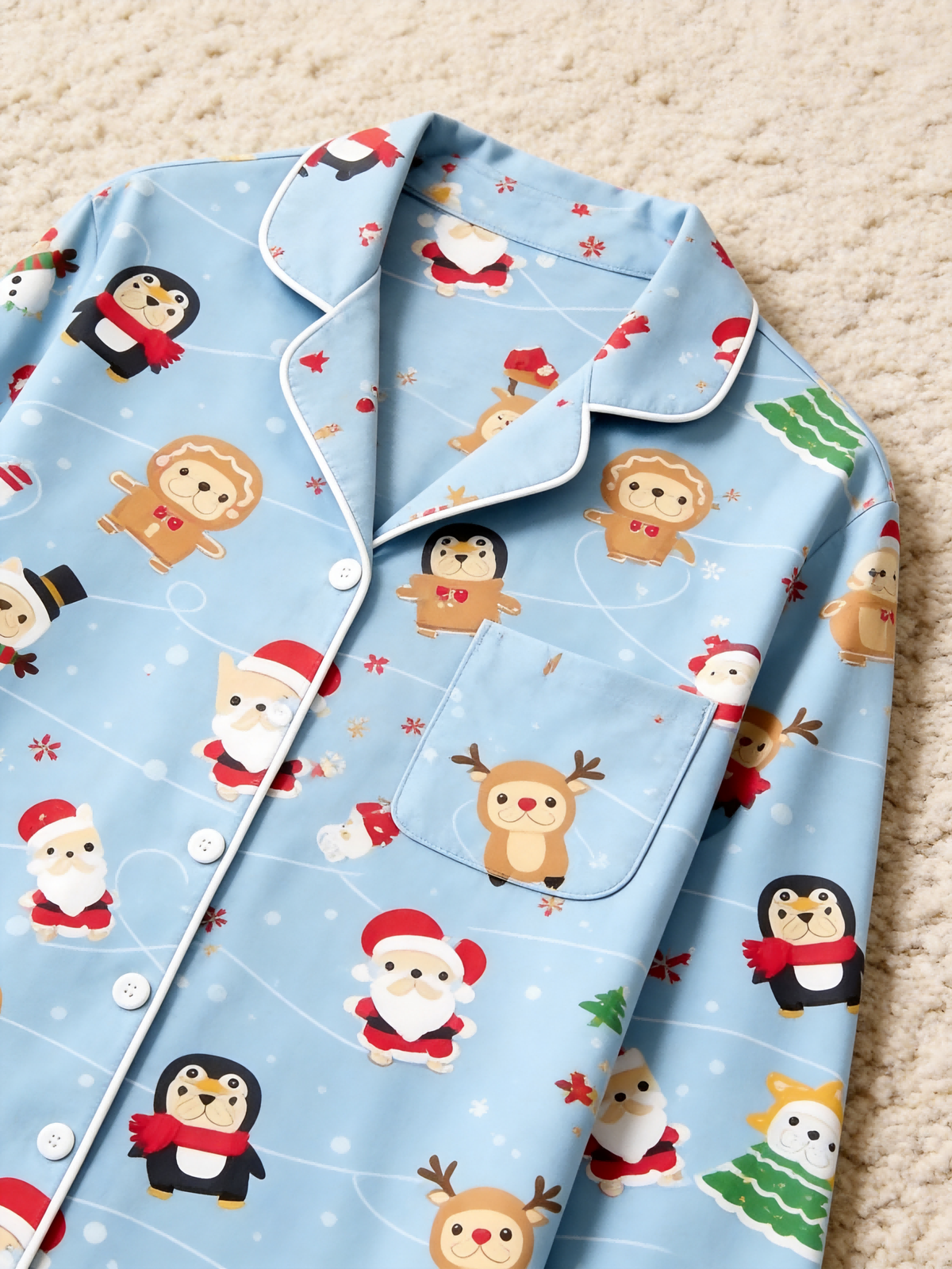 Women Christmas Pajamas - Light Blue Christmas Santa & Reindeer Cartoon Print Button up Pajamas