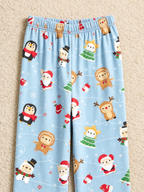 Women Christmas Pajamas - Light Blue Christmas Santa & Reindeer Cartoon Print Button up Pajamas