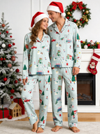 Women Christmas Pajamas - Sage Green Winter Town & Skiing Print Button-Down PJs
