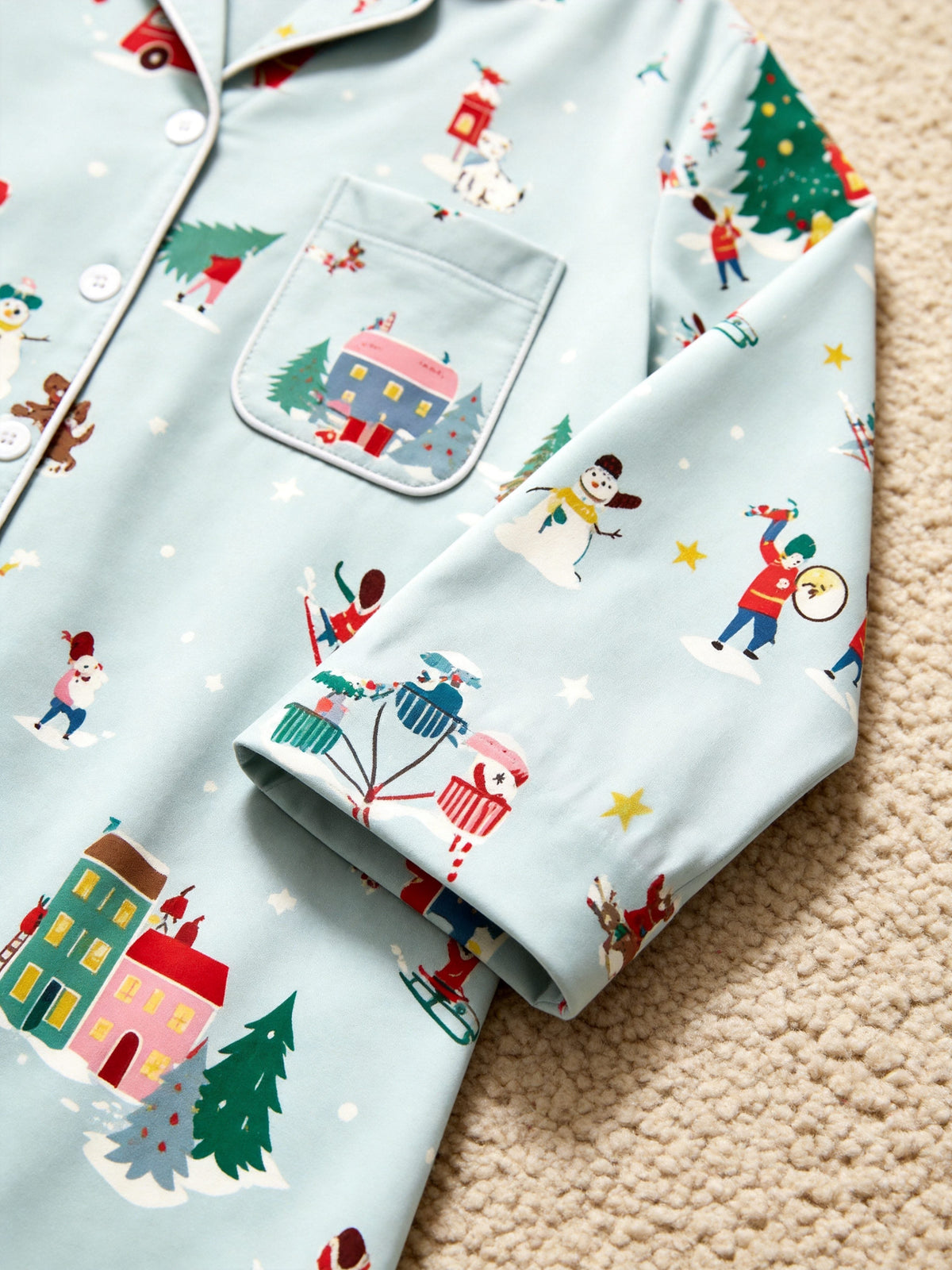 Women Christmas Pajamas - Sage Green Winter Town & Skiing Print Button-Down PJs