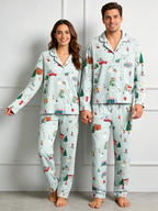 Women Christmas Pajamas - Sage Green Winter Town & Skiing Print Button-Down PJs