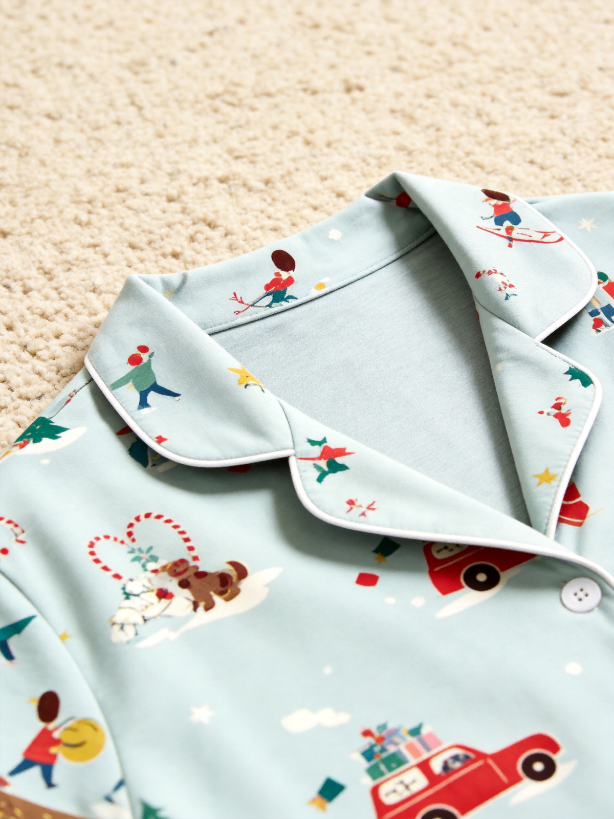 Women Christmas Pajamas - Sage Green Winter Town & Skiing Print Button-Down PJs