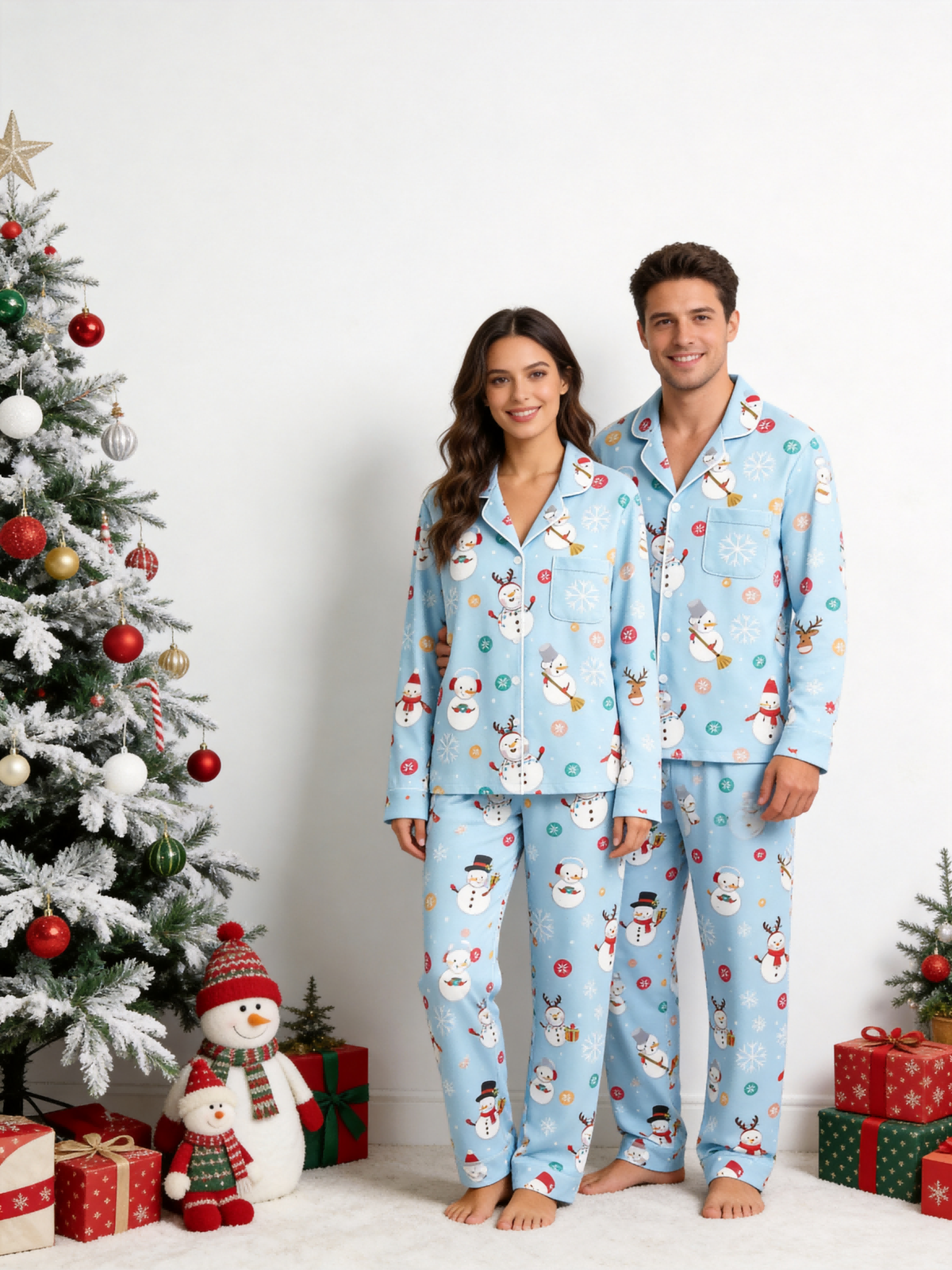 Women Christmas Pajamas - Light Blue Cute Snowman & Reindeer Button-Down Sleep Set
