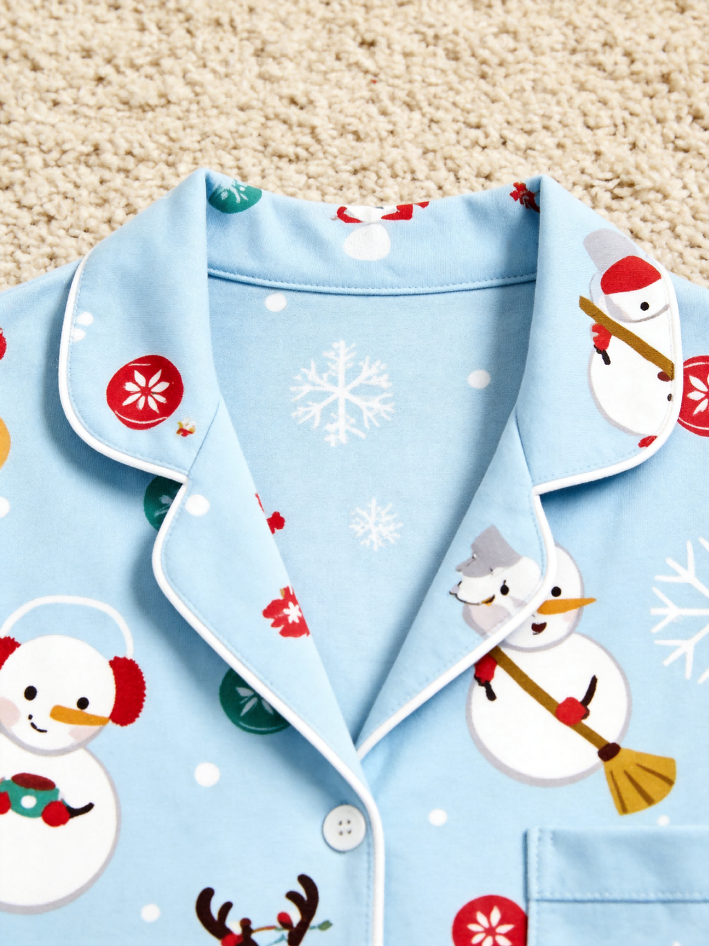 Women Christmas Pajamas - Light Blue Cute Snowman & Reindeer Button-Down Sleep Set