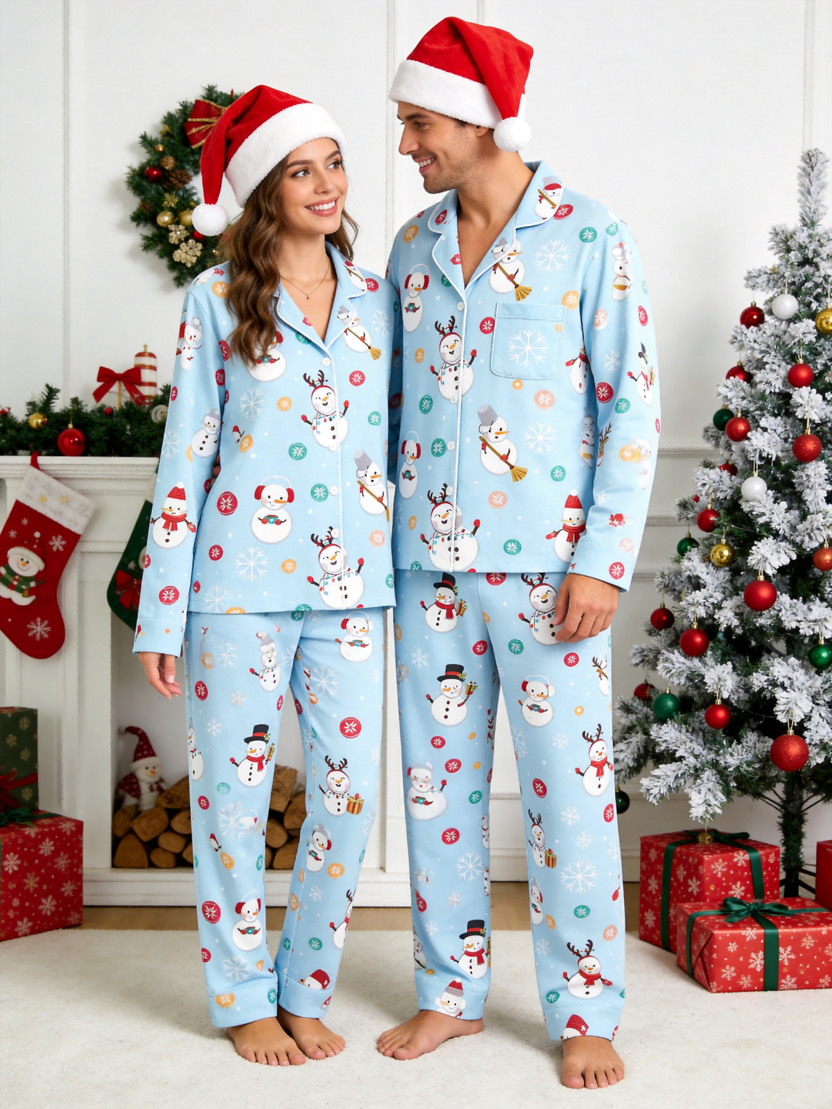 Women Christmas Pajamas - Light Blue Cute Snowman & Reindeer Button-Down Sleep Set