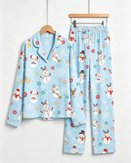 Women Christmas Pajamas - Light Blue Cute Snowman & Reindeer Button-Down Sleep Set