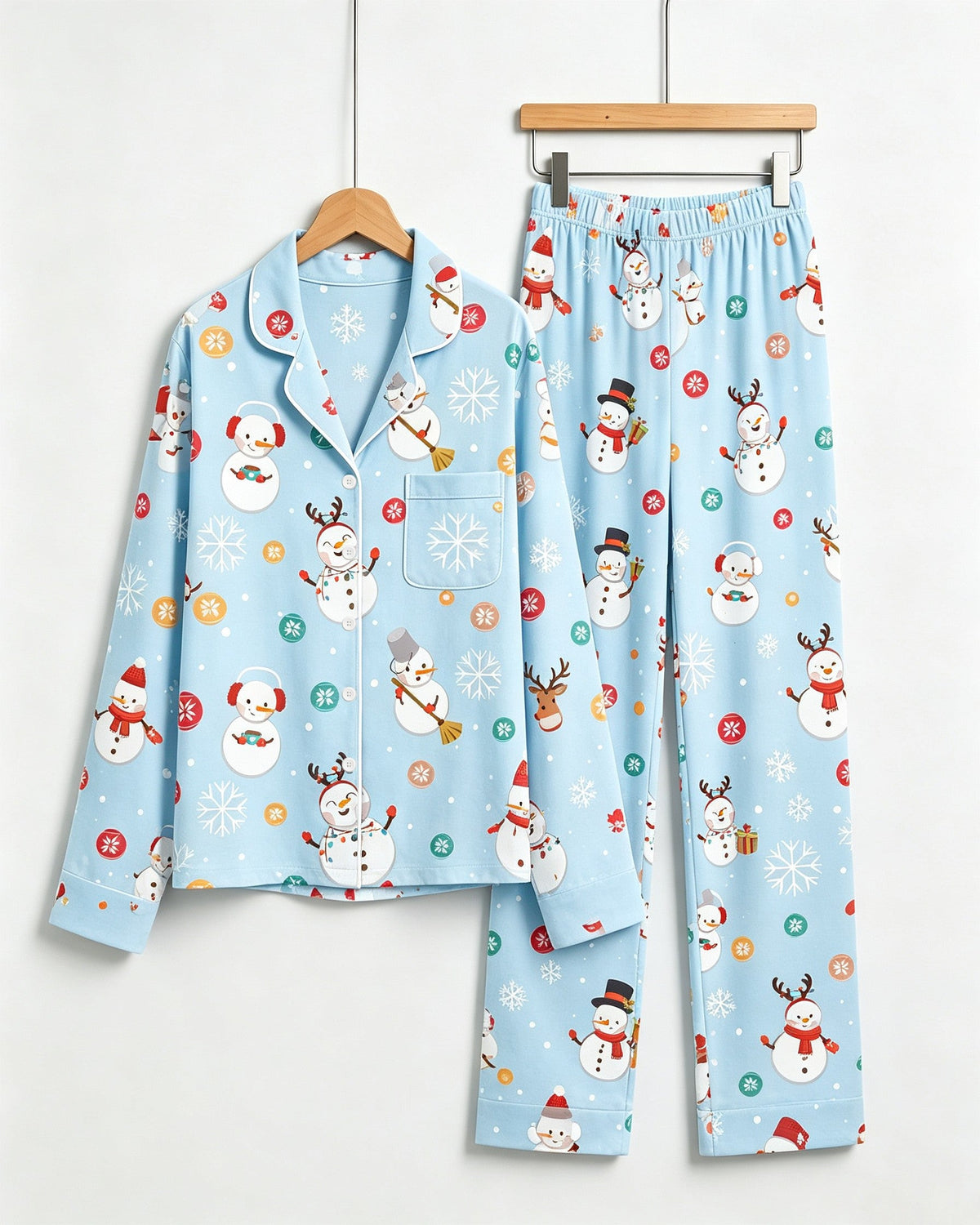 Women Christmas Pajamas - Light Blue Cute Snowman & Reindeer Button-Down Sleep Set