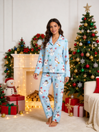 Women Christmas Pajamas - Light Blue Cute Snowman & Reindeer Button-Down Sleep Set
