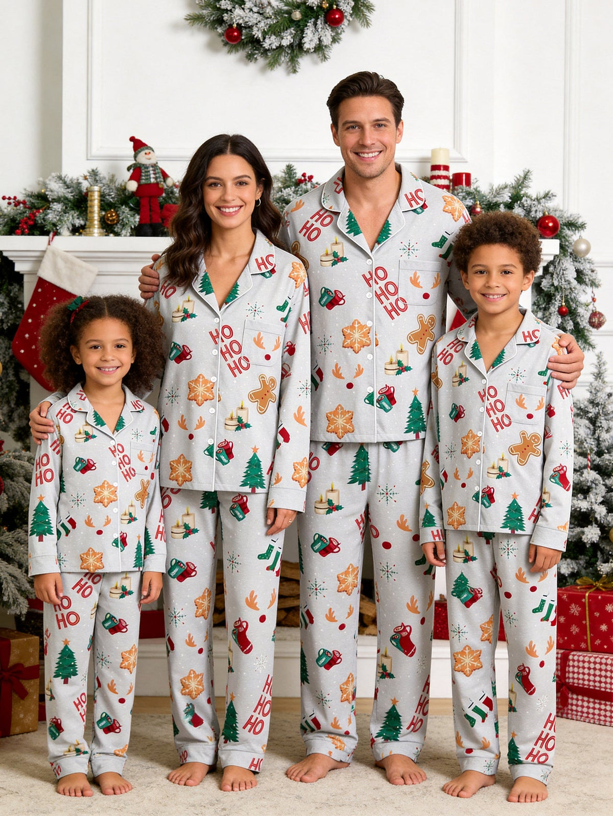 Family Christmas Sleepwear Two-Piece Button-Front Long Sleeve Long Pants with Pocket - "HO HO HO" & Tree Print