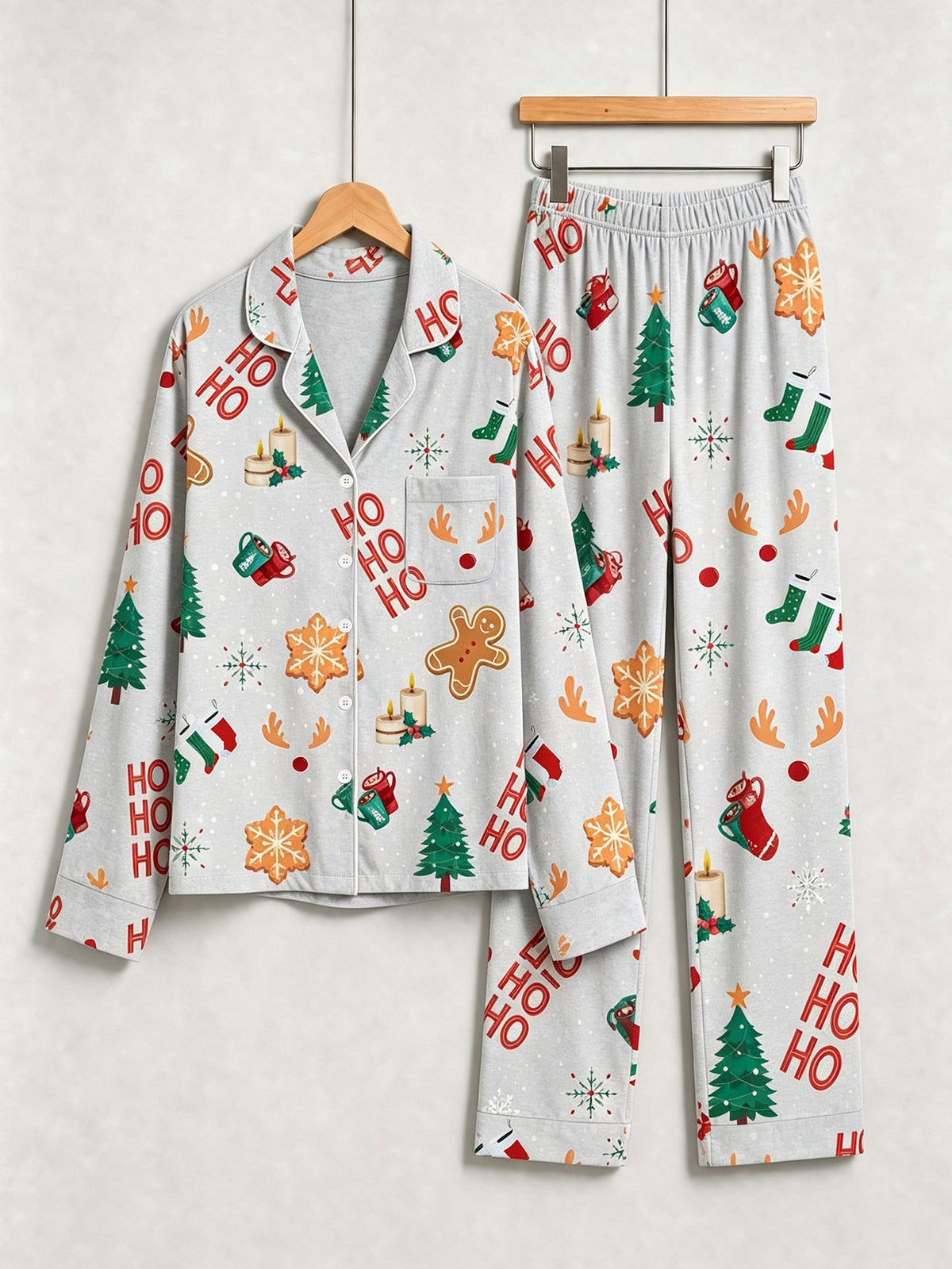 Family Christmas Sleepwear Two-Piece Button-Front Long Sleeve Long Pants with Pocket - "HO HO HO" & Tree Print
