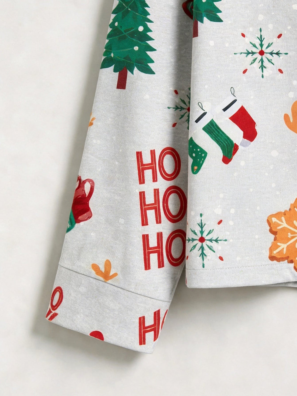 Family Christmas Sleepwear Two-Piece Button-Front Long Sleeve Long Pants with Pocket - "HO HO HO" & Tree Print