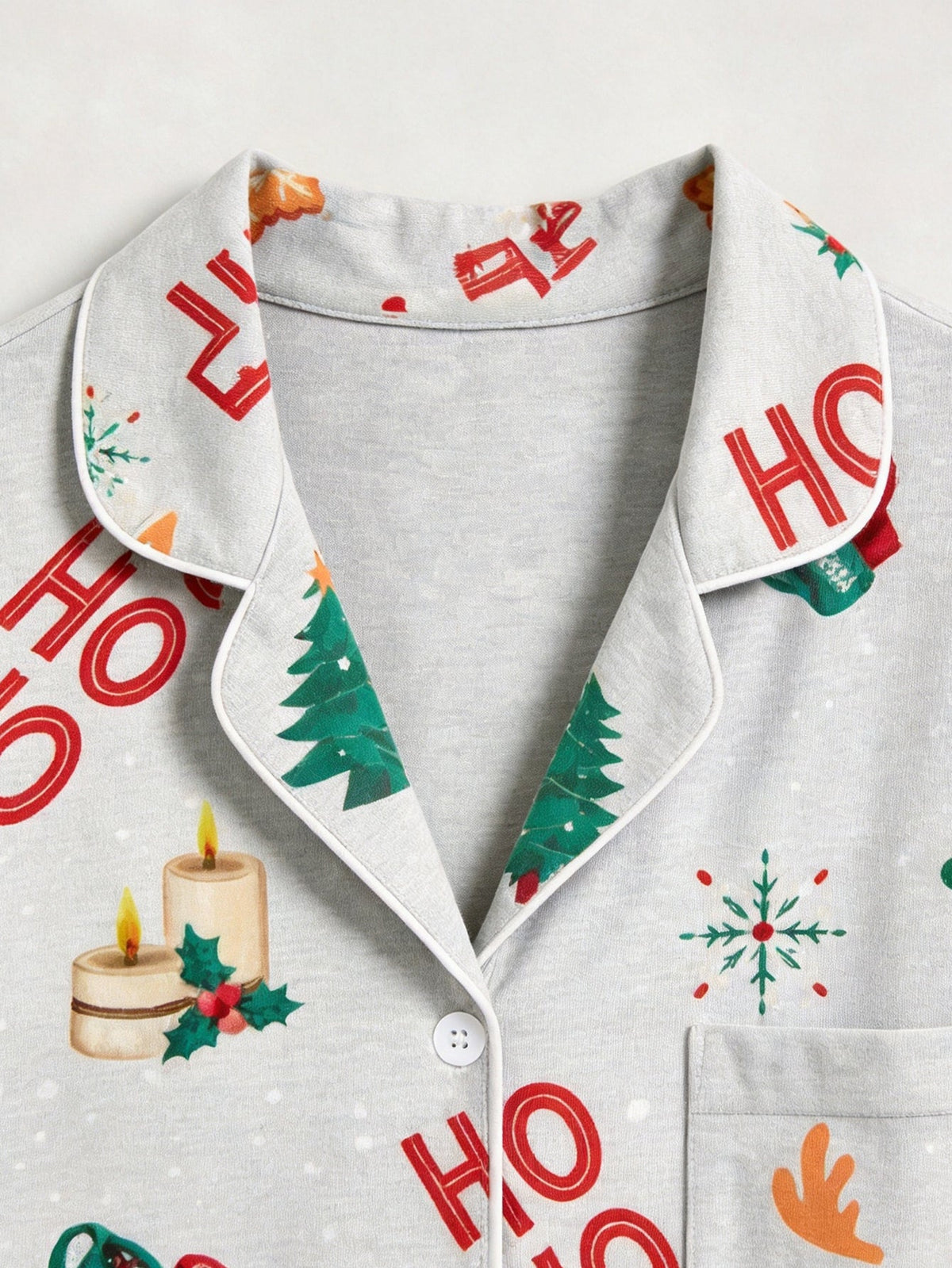 Family Christmas Sleepwear Two-Piece Button-Front Long Sleeve Long Pants with Pocket - "HO HO HO" & Tree Print