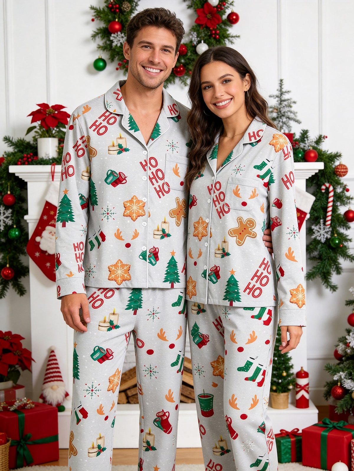 Family Christmas Sleepwear Two-Piece Button-Front Long Sleeve Long Pants with Pocket - "HO HO HO" & Tree Print