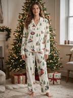Cozy Winter Dog Sledding Print Women  Pajama Set, Long Sleeve Button-Down Sleepwear