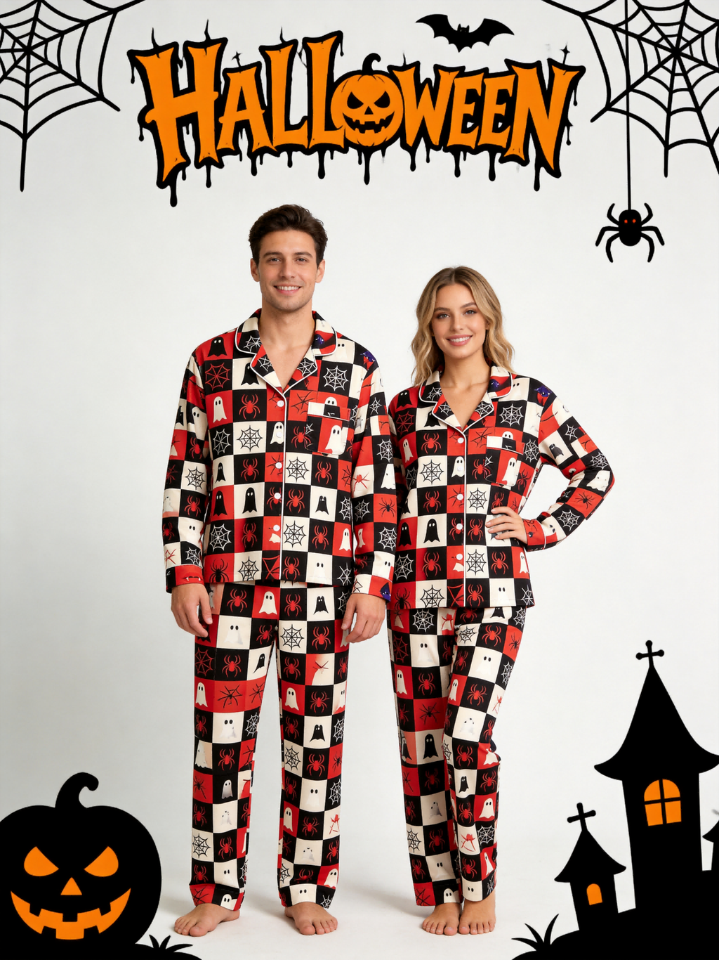 Women Halloween Pajamas - Red & Black Checkered Ghost & Spiderweb Button-Down Set