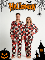 Women Halloween Pajamas - Red & Black Checkered Ghost & Spiderweb Button-Down Set