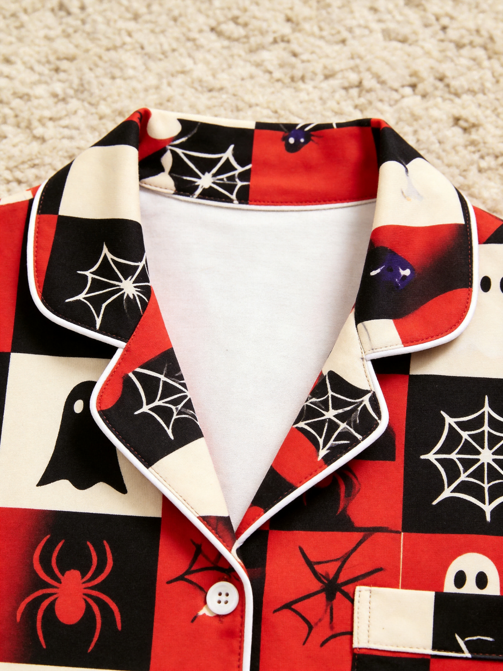 Women Halloween Pajamas - Red & Black Checkered Ghost & Spiderweb Button-Down Set