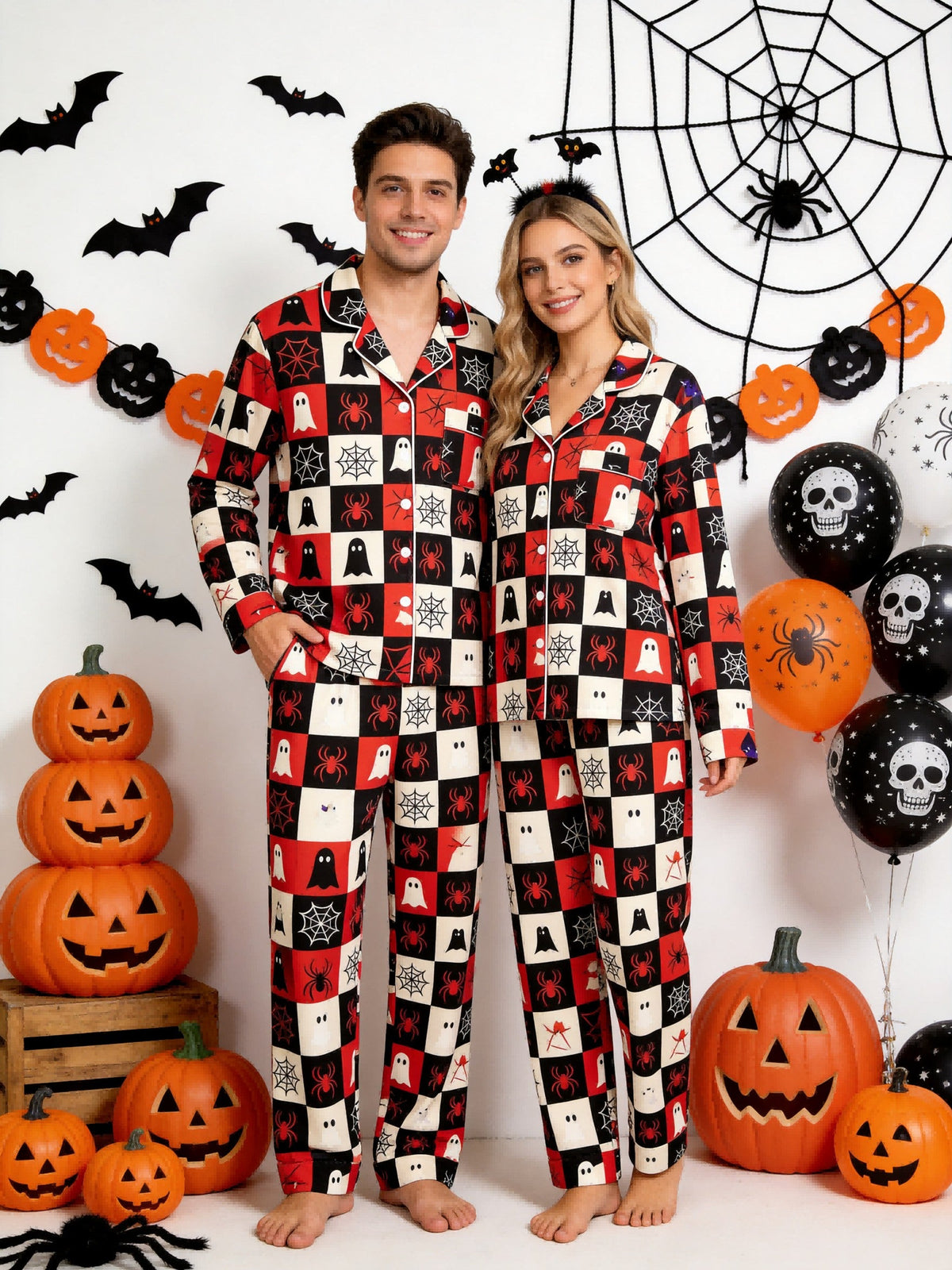 Women Halloween Pajamas - Red & Black Checkered Ghost & Spiderweb Button-Down Set