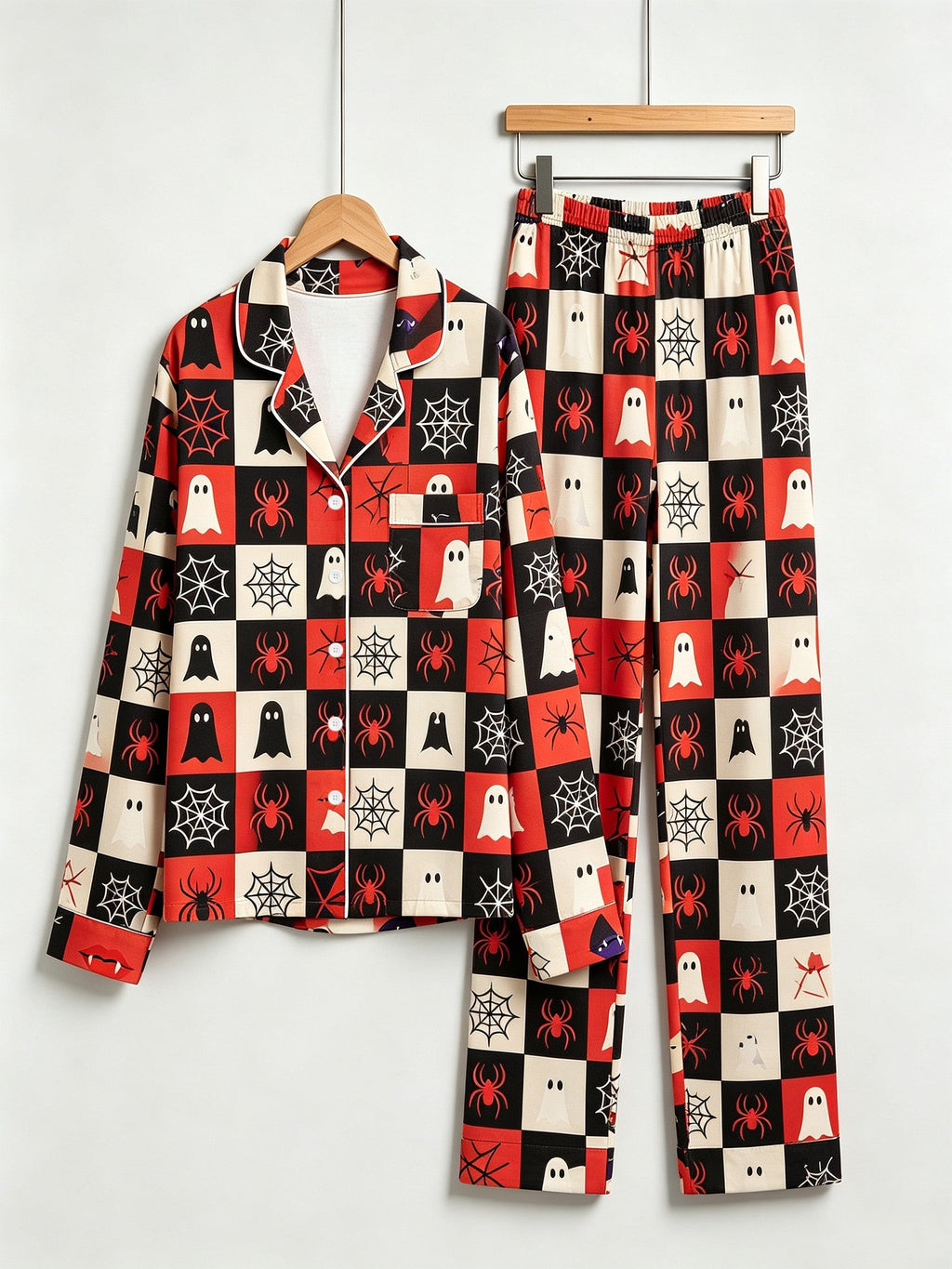 Women Halloween Pajamas - Red & Black Checkered Ghost & Spiderweb Button-Down Set