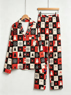 Women Halloween Pajamas - Red & Black Checkered Ghost & Spiderweb Button-Down Set