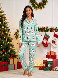 Cozy Mint Polar Bear Skiing Women Christmas Pajamas Set