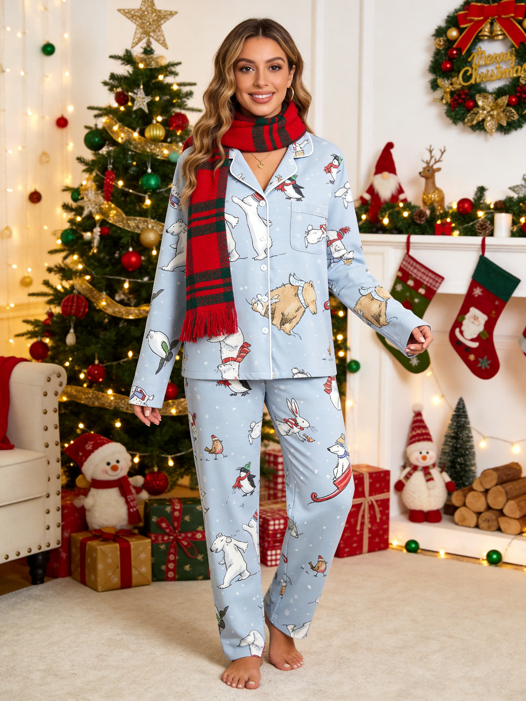 Whimsical Winter Animals & Snowflakes Soft Blue Women Pajama Set