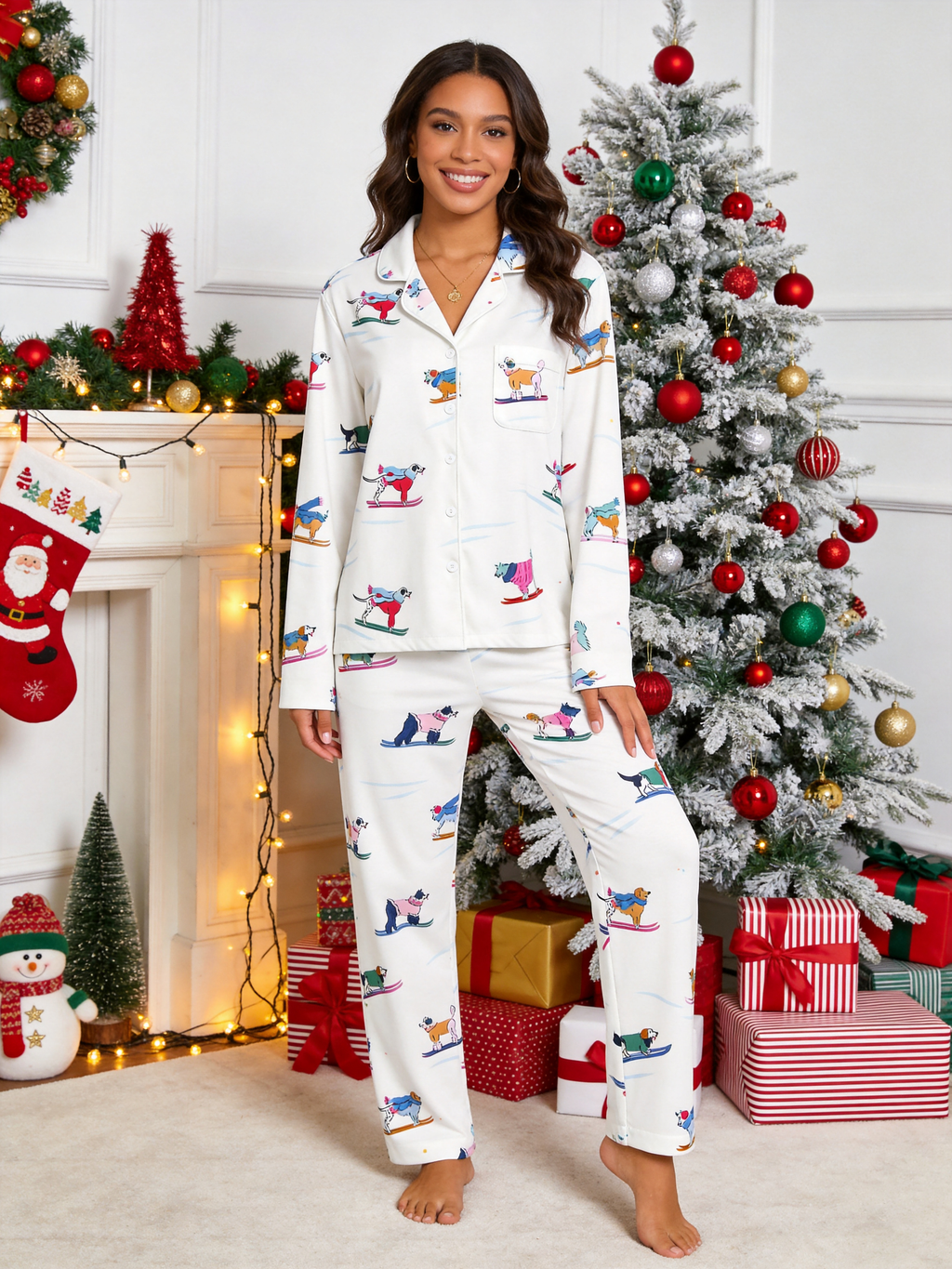Playful Pups in Sweaters Skiing Neutral Women Christmas PJs