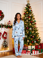Merry Penguins Ice Skating & Snowman Light Blue Women Sleepwear Set