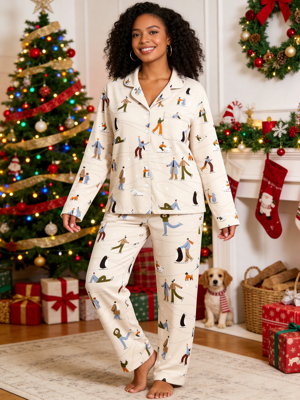 Cozy Winter Skating Print Women Christmas Pajamas Set