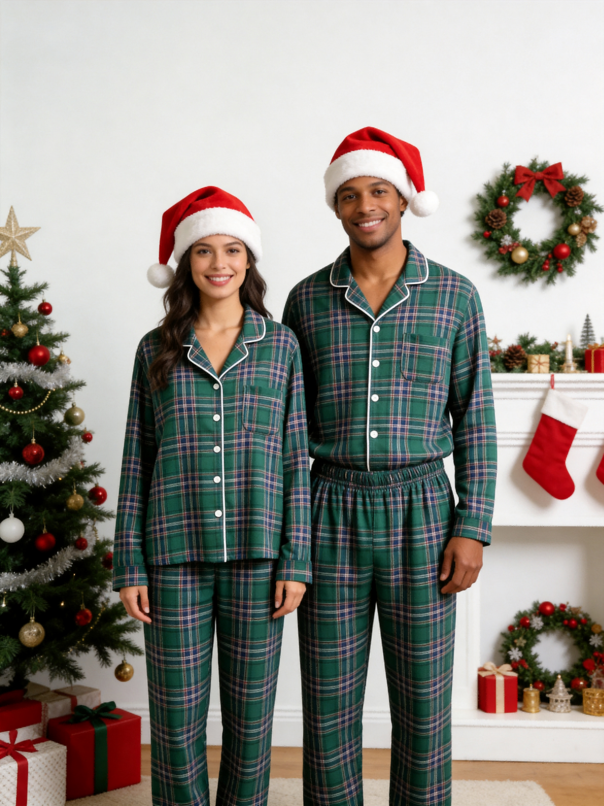 Classic Tartan Plaid Women Christmas Pajamas - Dark Green Long-Sleeve Button-Down Sleep Set