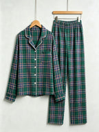 Classic Tartan Plaid Women Christmas Pajamas - Dark Green Long-Sleeve Button-Down Sleep Set