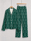 Emerald Green Outline Christmas Tree Print Button-Down Matching Couple Pajamas Set