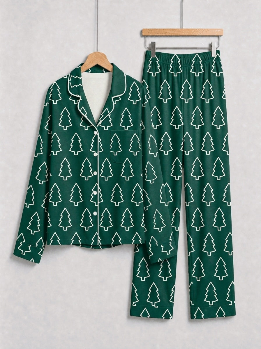 Emerald Green Outline Christmas Tree Print Button-Down Matching Couple Pajamas Set