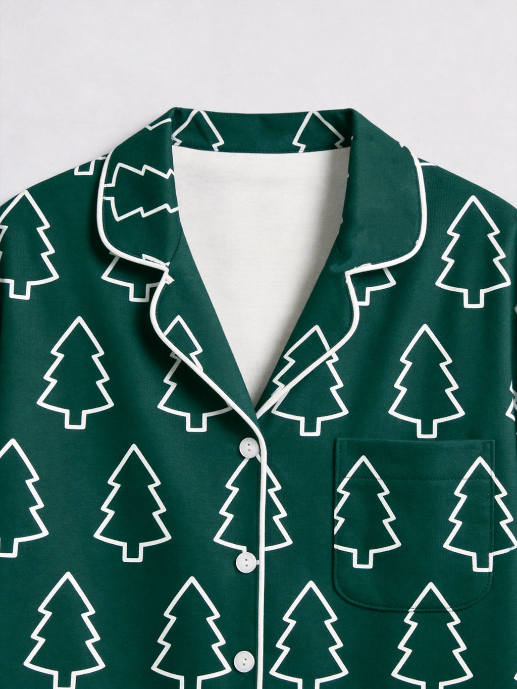 Emerald Green Outline Christmas Tree Print Button-Down Matching Couple Pajamas Set