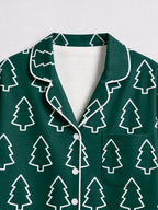 Emerald Green Outline Christmas Tree Print Button-Down Matching Couple Pajamas Set