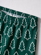 Emerald Green Outline Christmas Tree Print Button-Down Matching Couple Pajamas Set