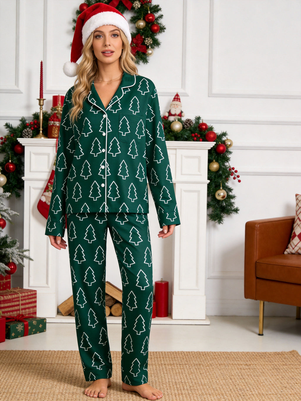Emerald Green Outline Christmas Tree Print Button-Down Matching Couple Pajamas Set