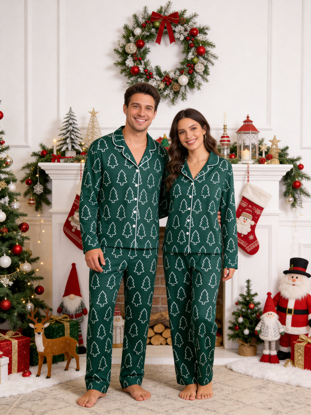 Emerald Green Outline Christmas Tree Print Button-Down Matching Couple Pajamas Set