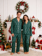 Emerald Green Outline Christmas Tree Print Button-Down Matching Couple Pajamas Set