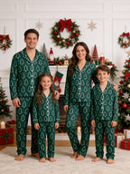 Emerald Green Outline Christmas Tree Print Button-Down Matching Couple Pajamas Set