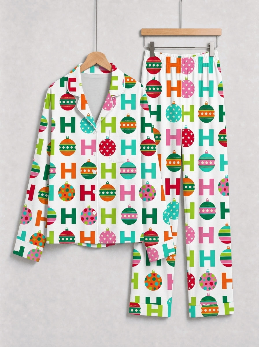 Colorful Christmas Baubles and H Letter Pattern Button-Down Couple Sleepwear Set