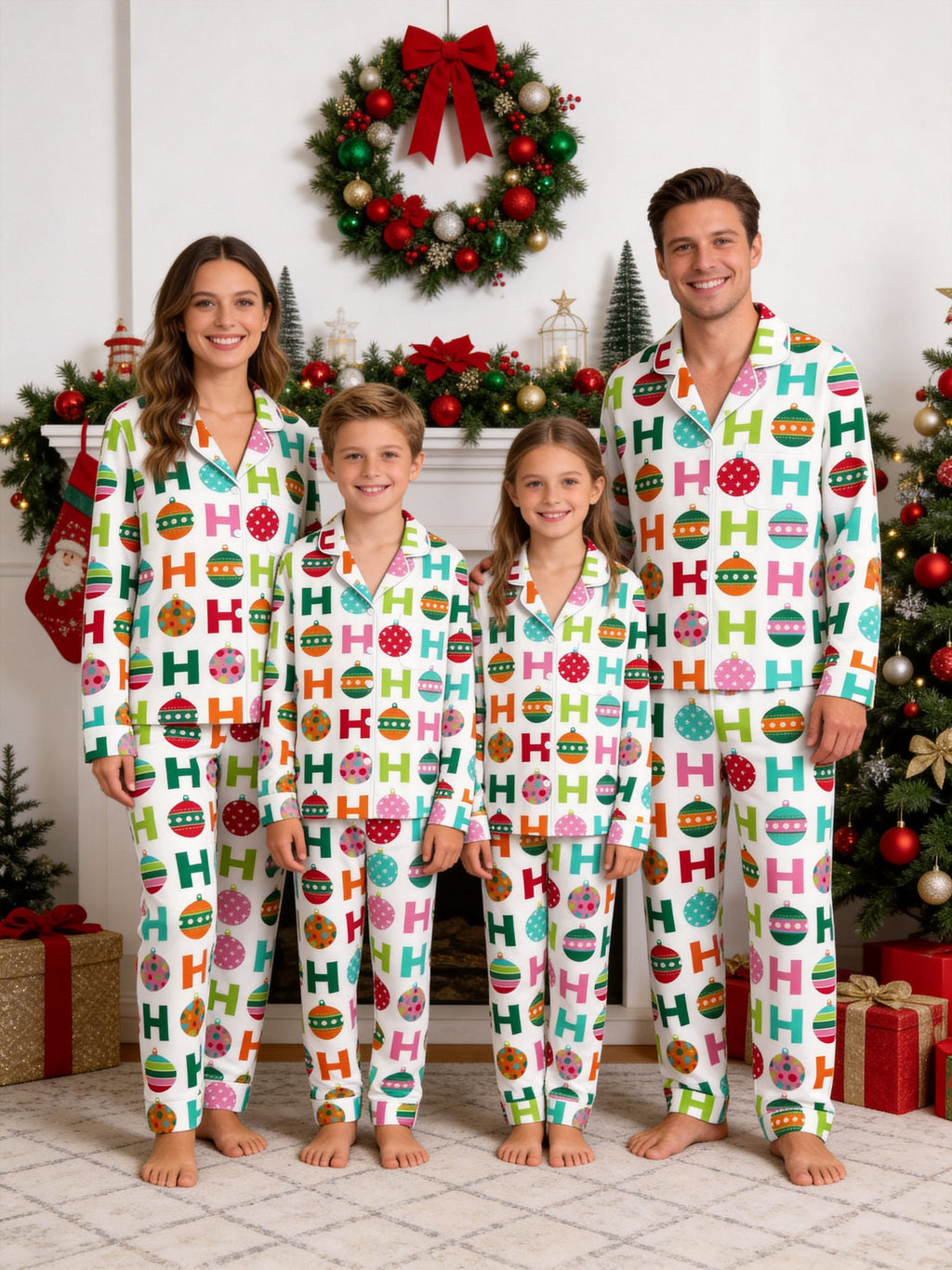Colorful Christmas Baubles and H Letter Pattern Button-Down Couple Sleepwear Set