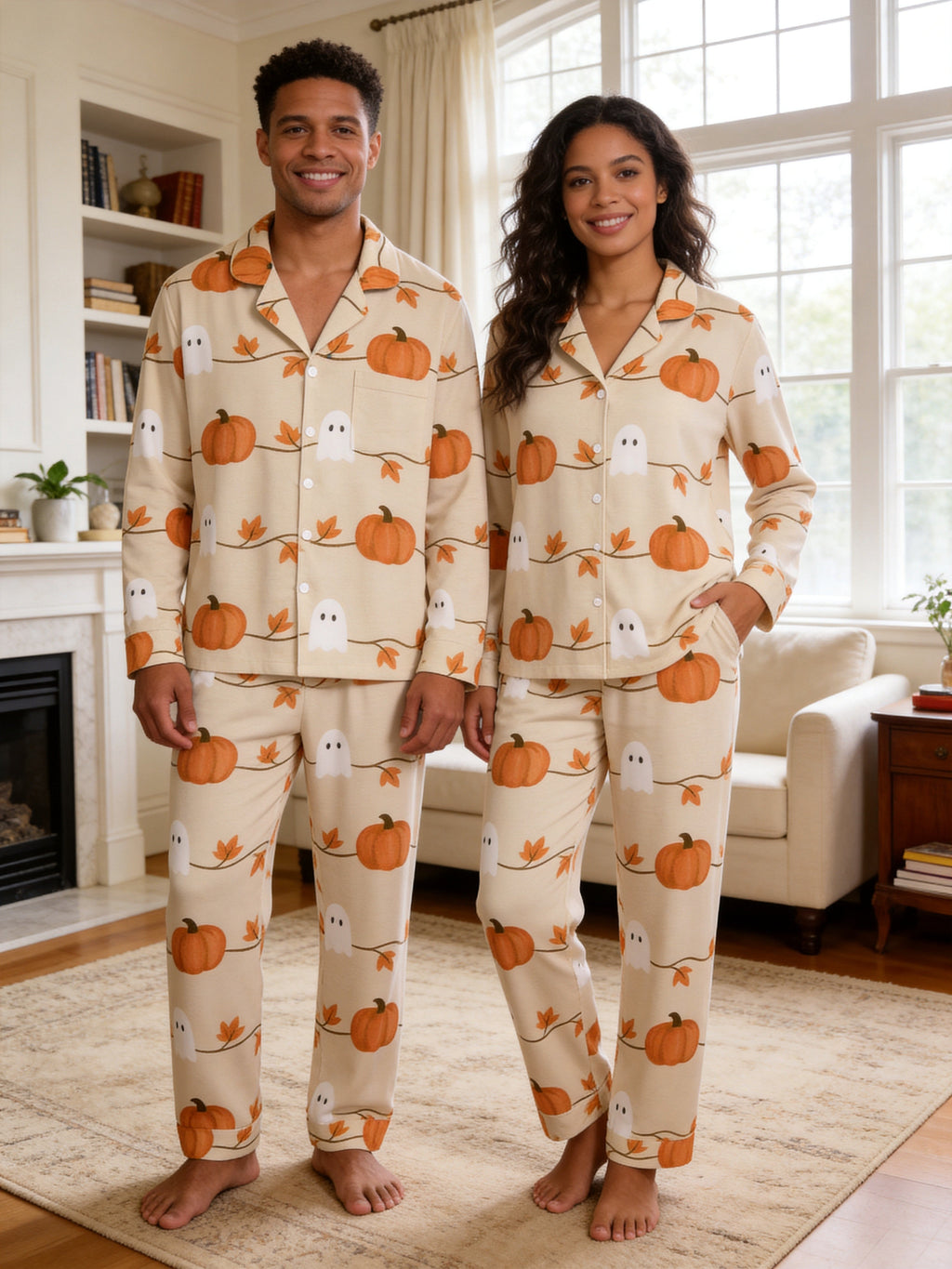 Little Ghosts and Pumpkins Print Couple Matching PJs