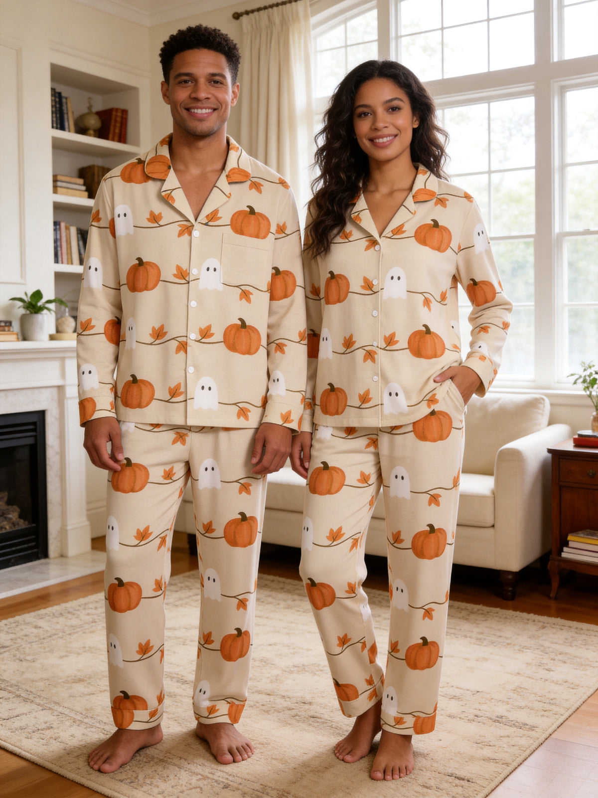Little Ghosts and Pumpkins Print Couple Matching PJs