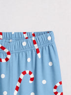 Candy Cane and Polka Dot Print Matching Couple Christmas Pajamas Blue PJs