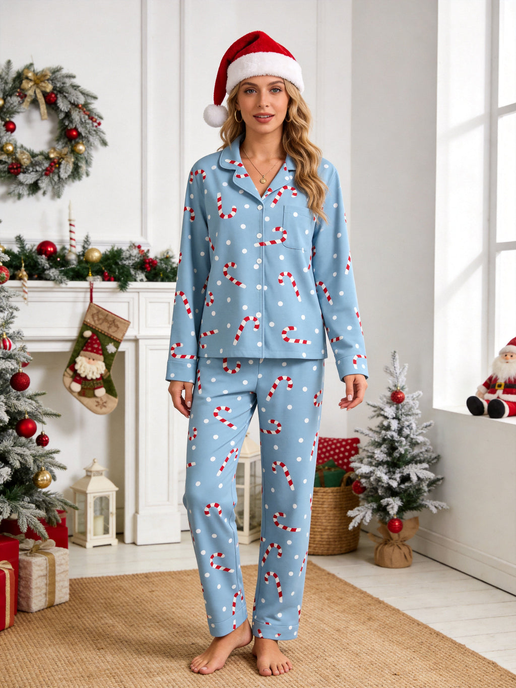 Candy Cane and Polka Dot Print Matching Couple Christmas Pajamas Blue PJs
